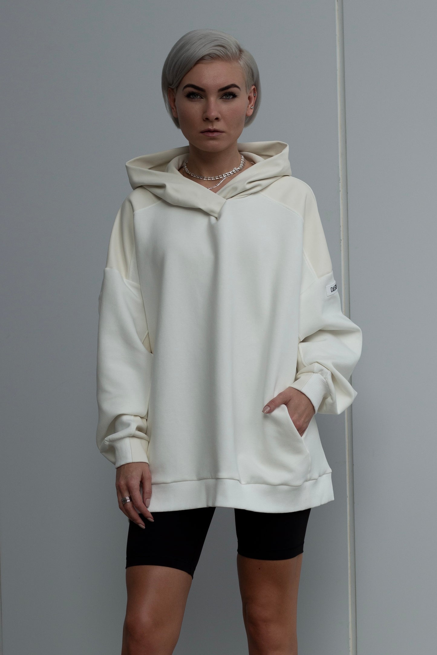 H01 | Oversized milk hoodie with faux leather inserts