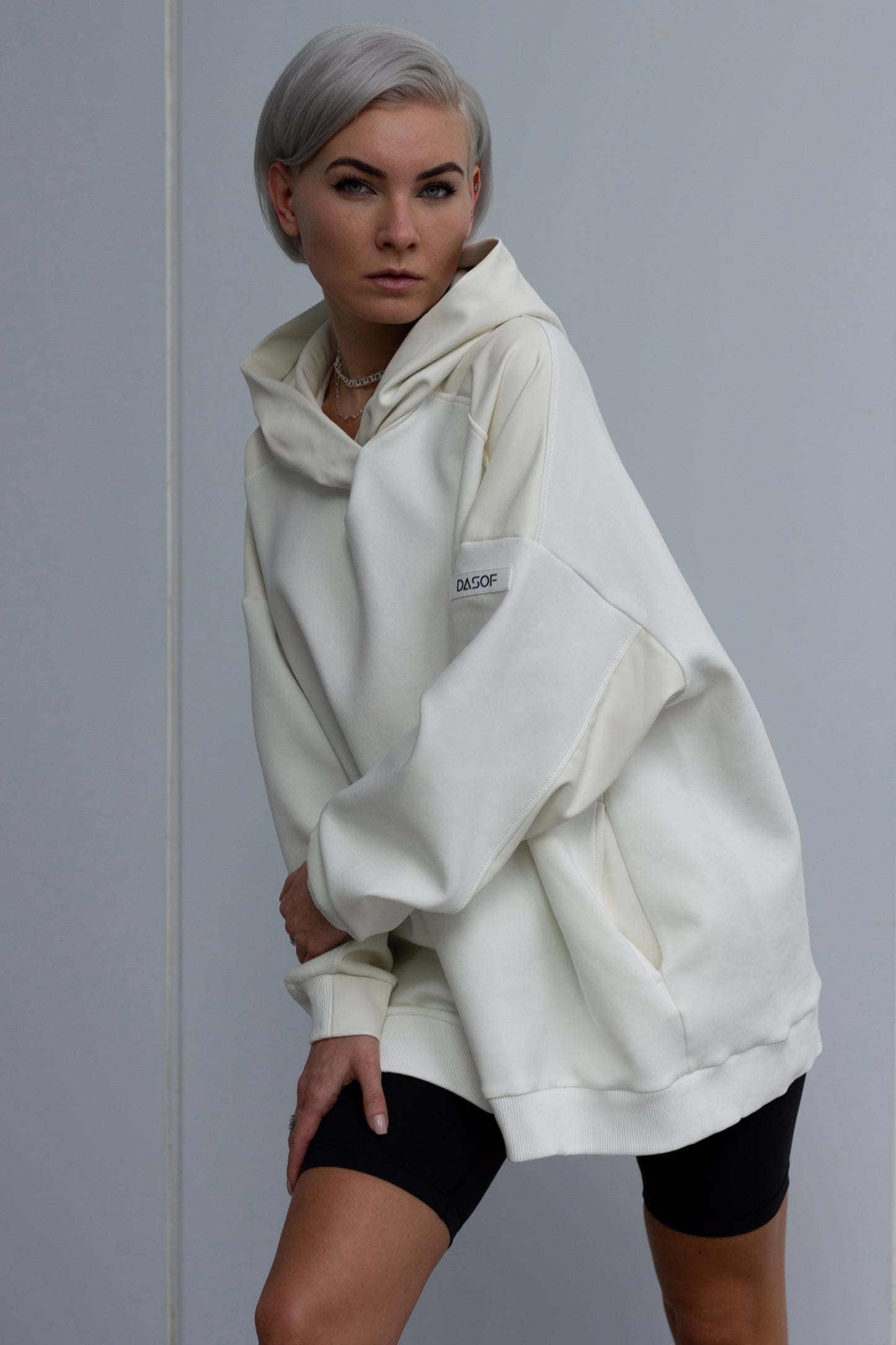 H01 | Oversized milk hoodie with faux leather inserts