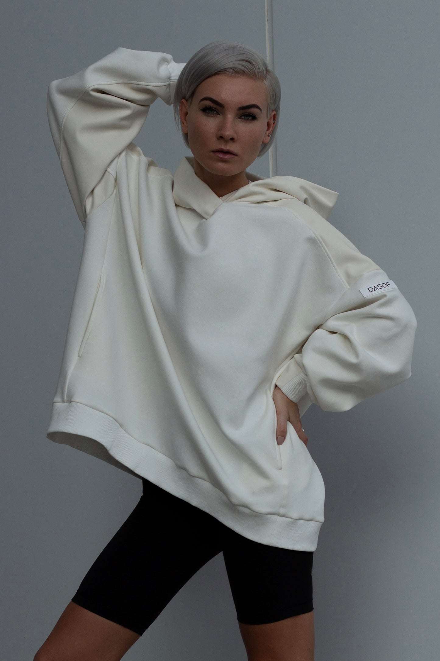 H01 | Oversized milk hoodie with faux leather inserts