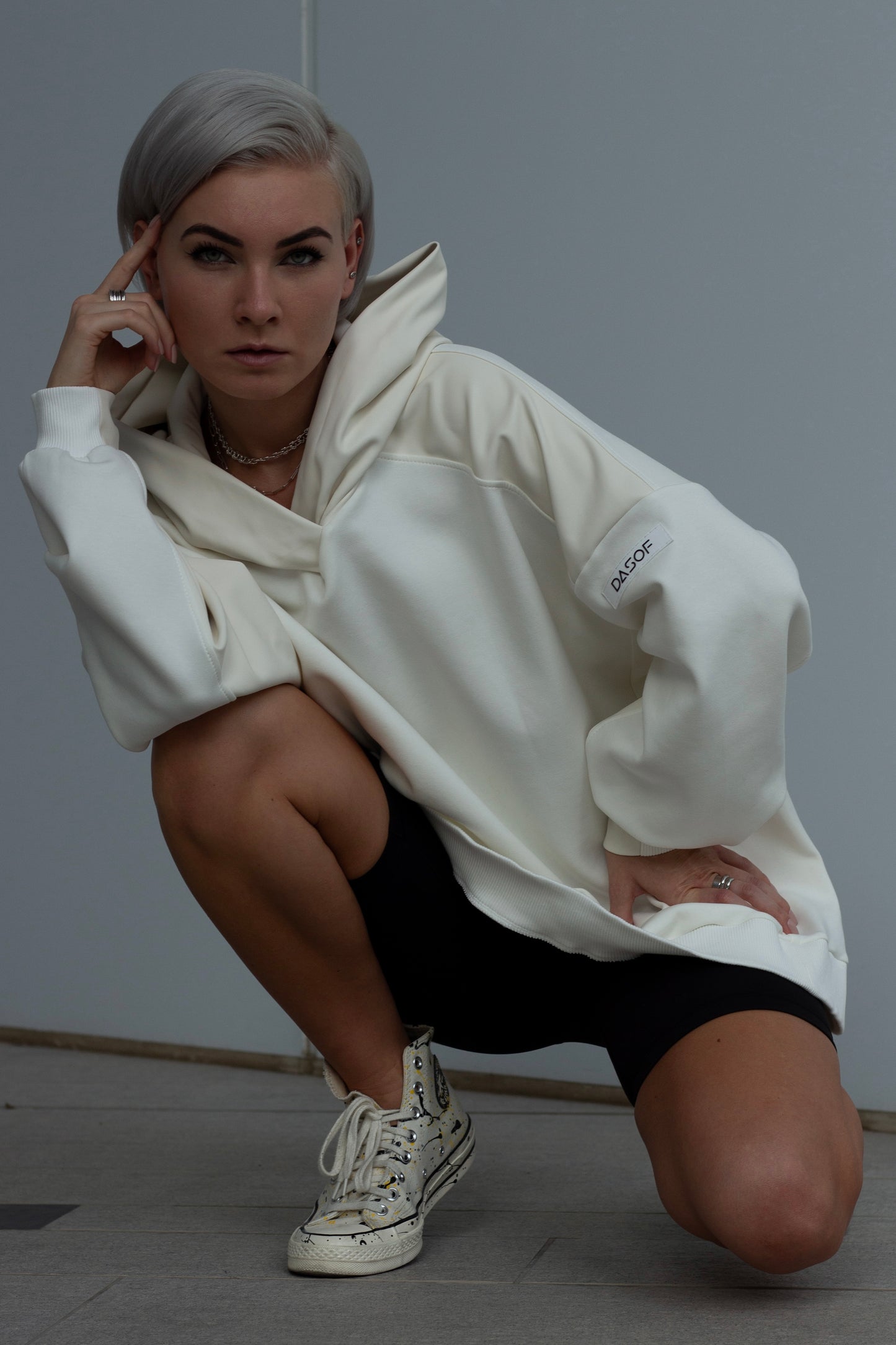 H01 | Oversized milk hoodie with faux leather inserts