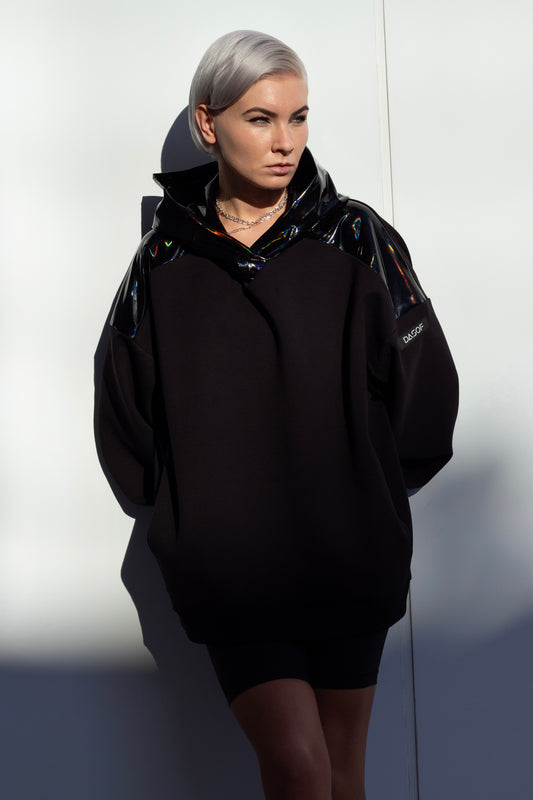 H01 | Oversized black hoodie with holographic faux leather inserts