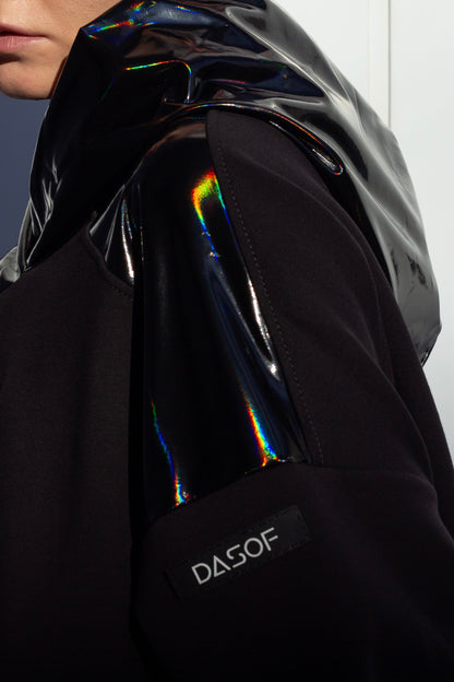 H01 | Oversized black hoodie with holographic faux leather inserts