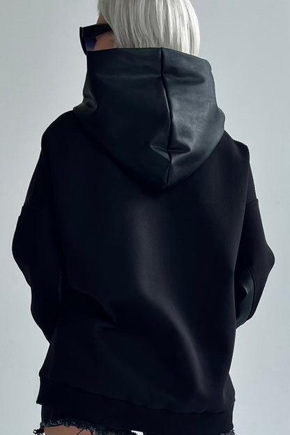 H01 | Oversized black hoodie with black faux leather inserts